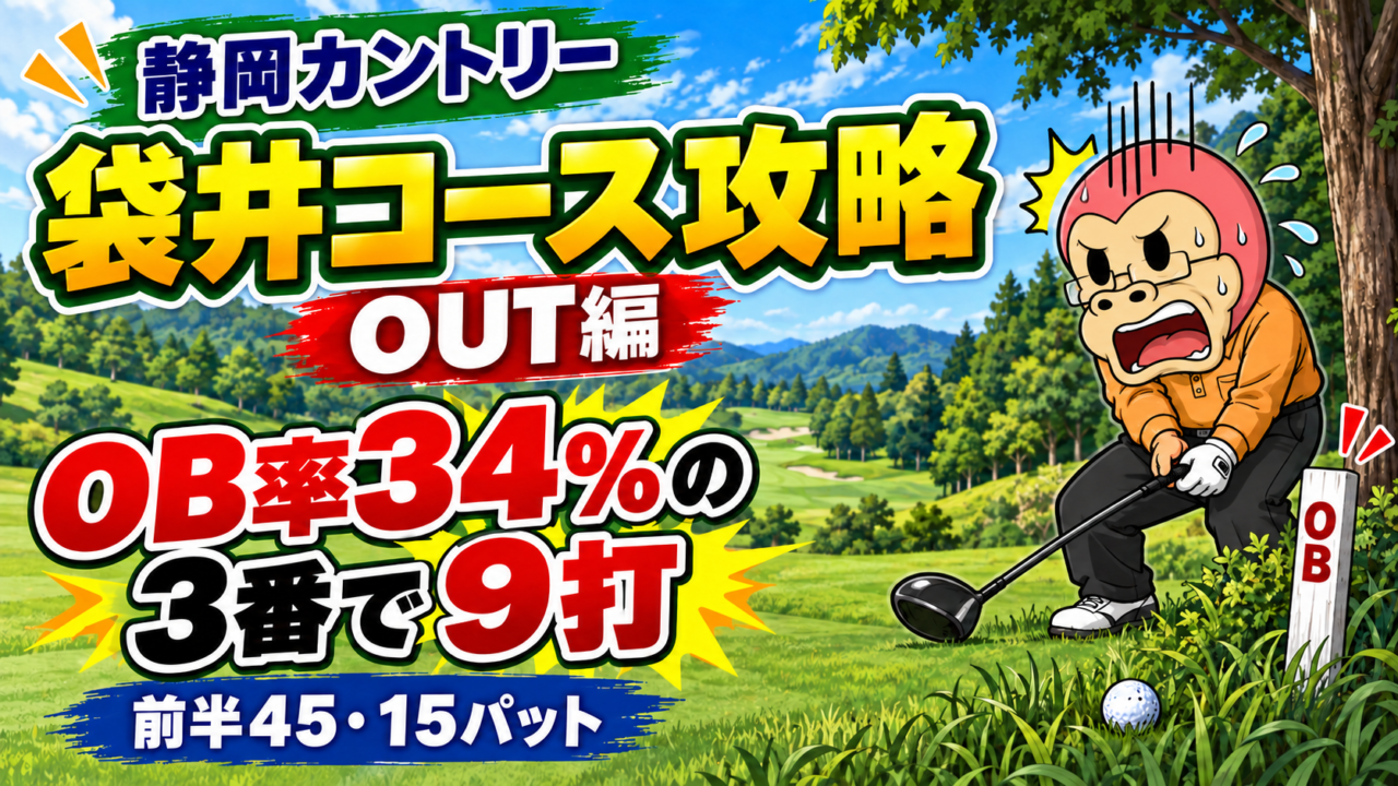 静岡カントリー袋井コースOUT編のアイキャッチ。OBに驚くゴリポンおじさんと「OB率34%の3番で9打」「前半45・15パット」の文字。