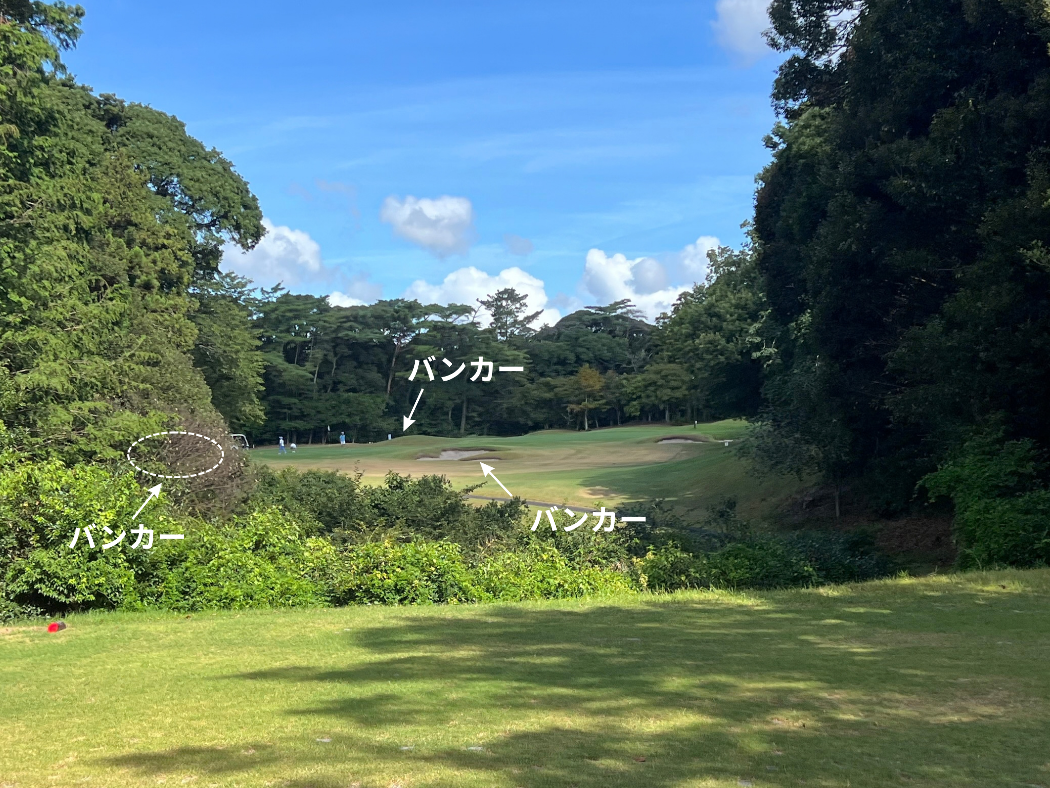 静岡カントリー袋井コース4番ホール。グリーンの左・手前・右にバンカー