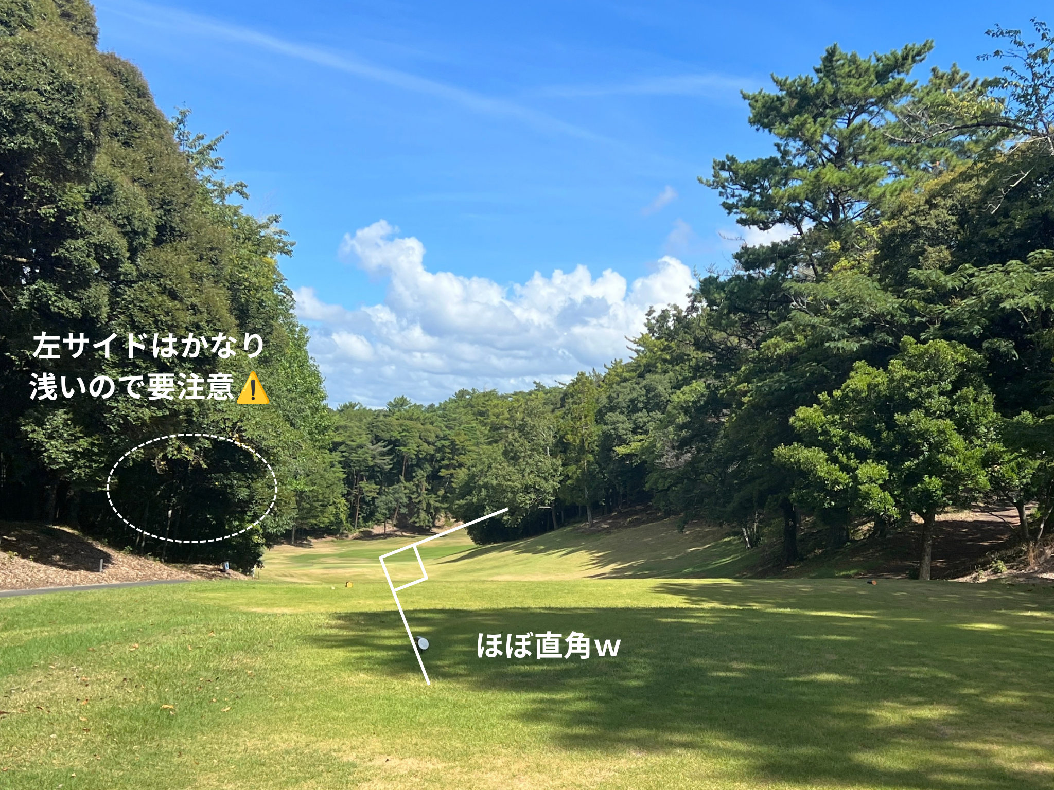 静岡カントリー袋井コース6番ホール。ほぼ直角の右ドッグレッグ